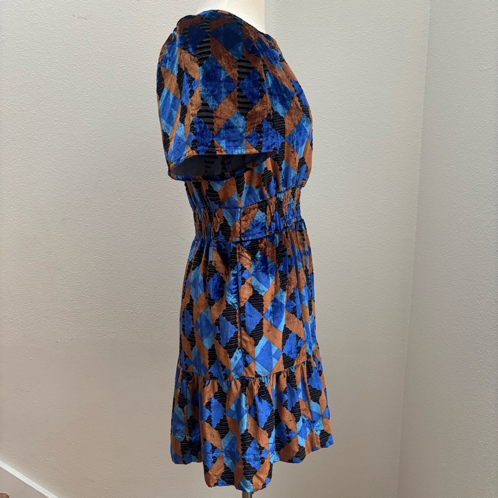 Anthropologie Somerset Mini Dress Velvet Geometric Blue Rust Motif Size Small - Picture 8 of 11